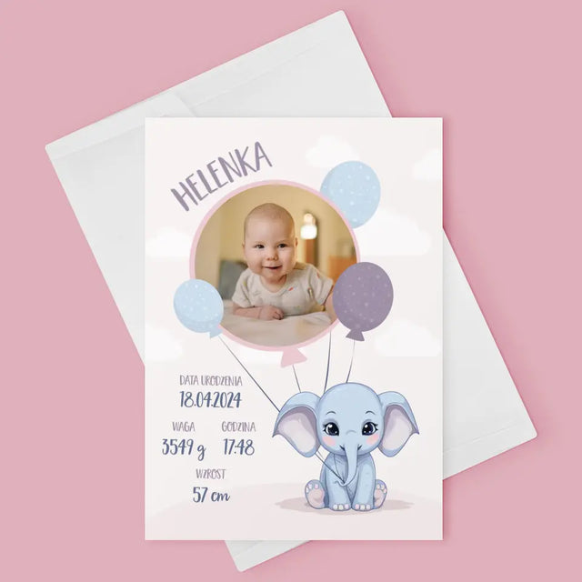 Metryczka Dziecka: Słonik - Kartka z Życzeniami