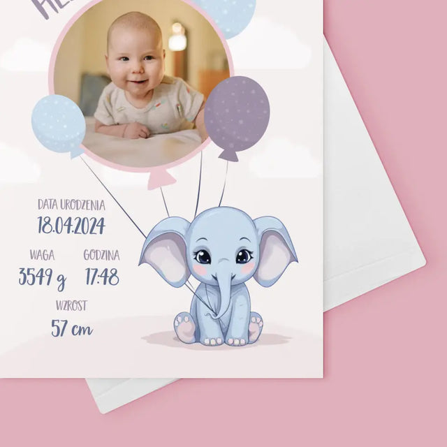 Metryczka Dziecka: Słonik - Kartka z Życzeniami
