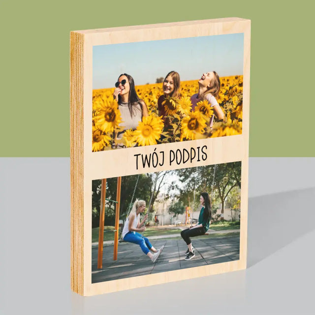 Fotokolaż: 2 Zdjęcia i Podpis - Wydruk Na Drewnie