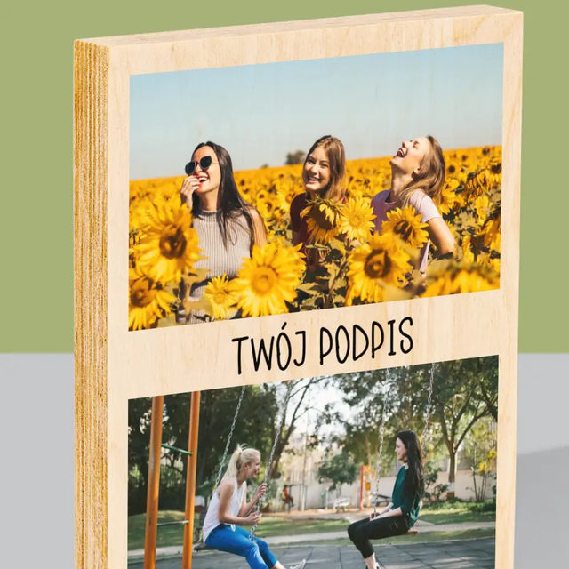 Fotokolaż: 2 Zdjęcia i Podpis - Wydruk Na Drewnie