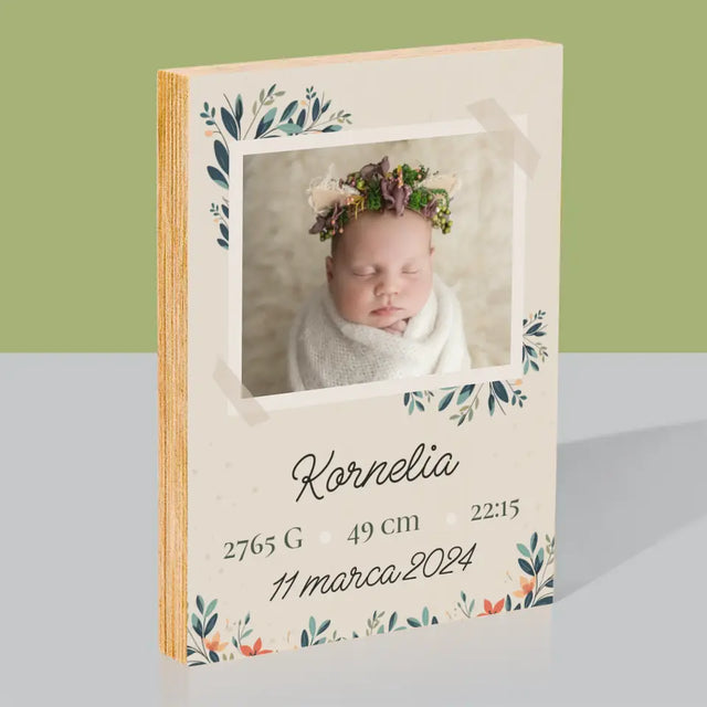 Metryczka Dziecka: Kwiaty - Wydruk Na Drewnie