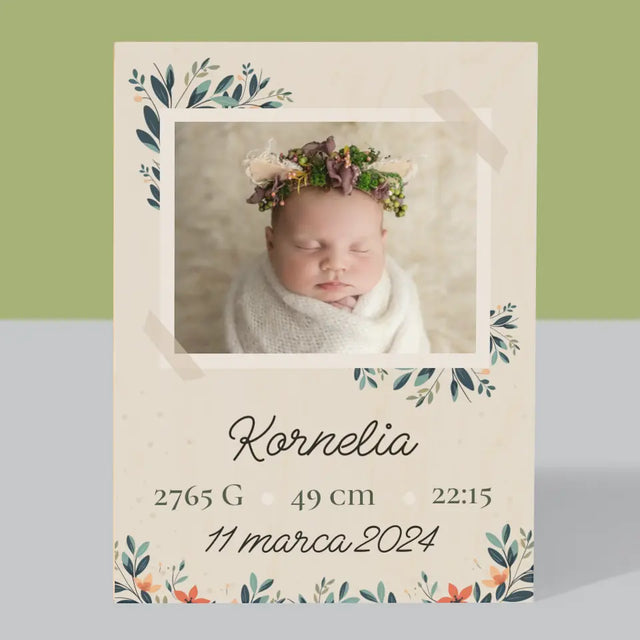 Metryczka Dziecka: Kwiaty - Wydruk Na Drewnie