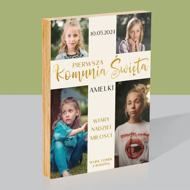 Fotokolaż: Pierwsza Komunia Krzyż - Wydruk Na Drewnie