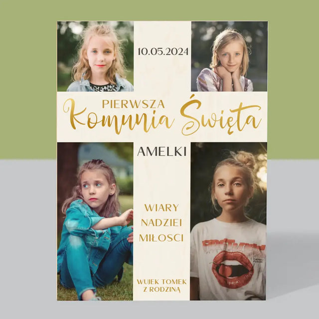 Fotokolaż: Pierwsza Komunia Krzyż - Wydruk Na Drewnie