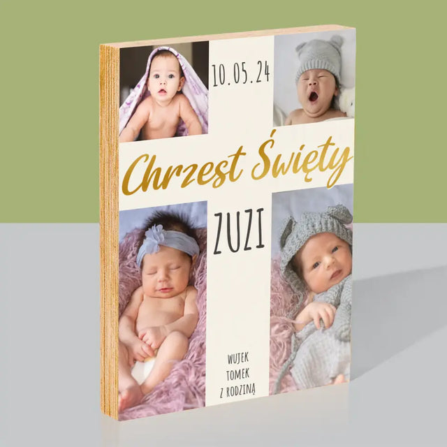 Fotokolaż: Chrzest Święty Krzyż - Wydruk Na Drewnie