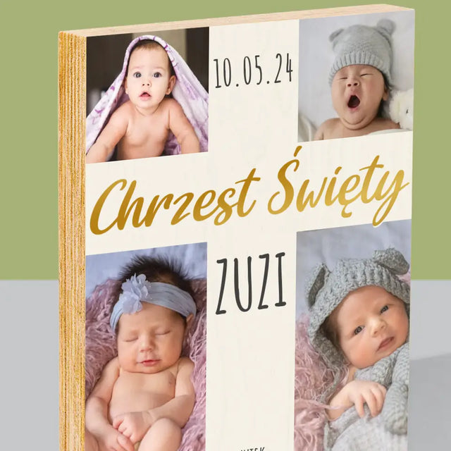 Fotokolaż: Chrzest Święty Krzyż - Wydruk Na Drewnie