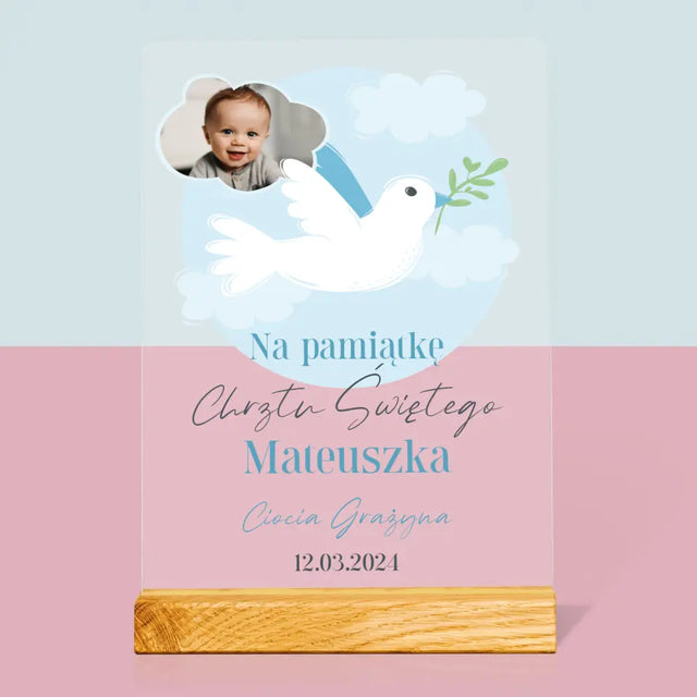 Zdjęcie i Podpis: Pamiątka Chrztu Gołąbek - Wydruk Na Szkle Akrylowym