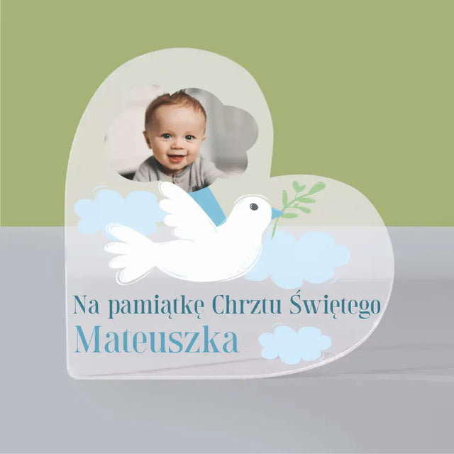 Zdjęcie i Podpis: Pamiątka Chrztu Gołąbek - Blok Akrylowy Serce