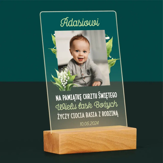 Zdjęcie i Podpis: Pamiątka Chrztu Konwalie - Wydruk Na Szkle Akrylowym