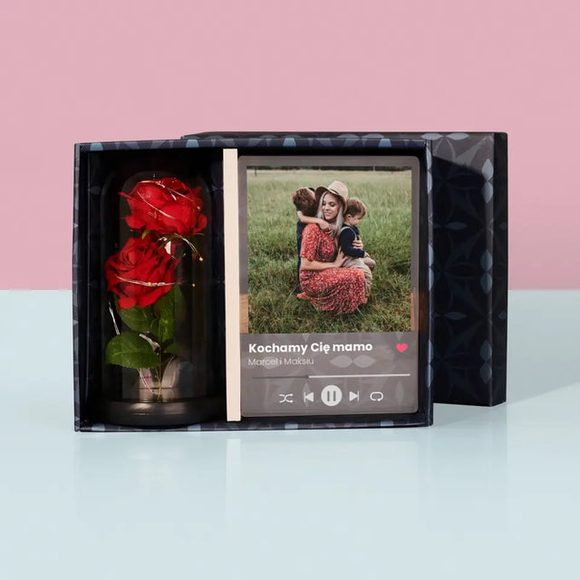 Zdjęcie i Podpis: Kochamy Cię Mamo - Zestaw Prezentowy z Wydrukiem Na Szkle i Wieczną Różą