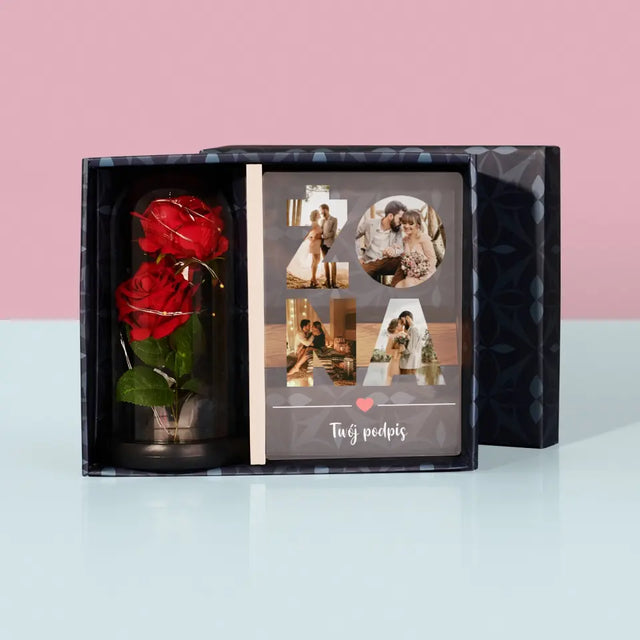 Słowo Ze Zdjęć: Żona - Zestaw Prezentowy z Wydrukiem Na Szkle i Wieczną Różą