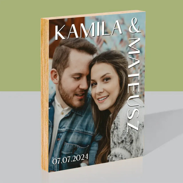 Zdjęcie i Podpis: Imiona Ślub - Wydruk Na Drewnie