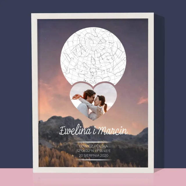 Mapa Gwiazd: Zakochana Para W Górach - Wydruk Obramowany