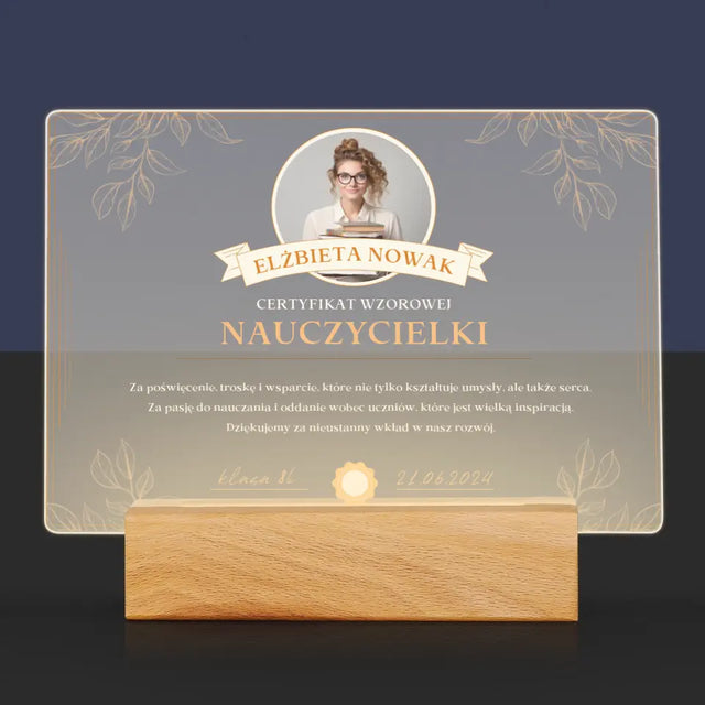Zdjęcie i Podpis: Certyfikat Wzorowej Nauczycielki - Wydruk Na Szkle Akrylowym