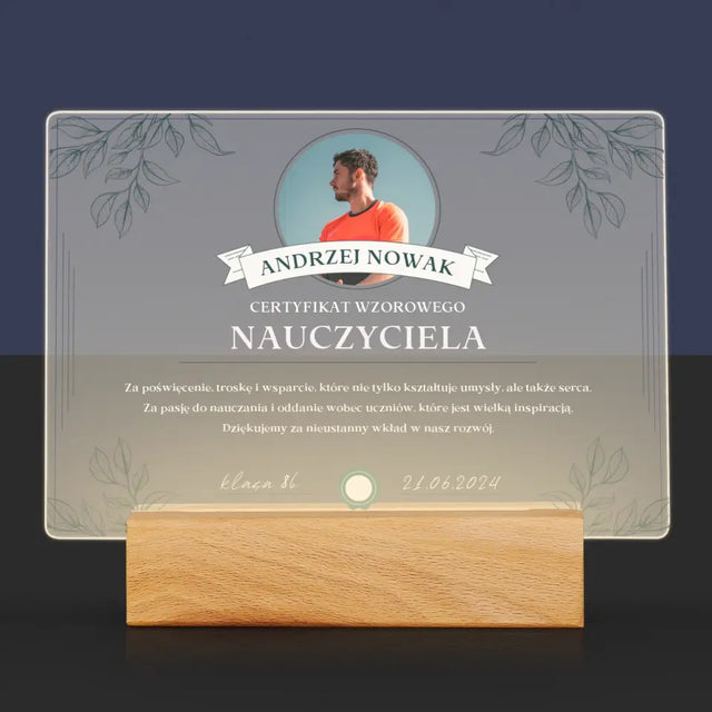 Zdjęcie i Podpis: Certyfikat Wzorowego Nauczyciela - Wydruk Na Szkle Akrylowym