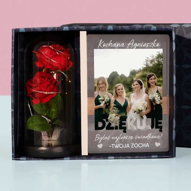 Zdjęcie i Podpis: Byłaś Najlepszą Świadkową - Zestaw Prezentowy z Wydrukiem Na Szkle i Wieczną Różą