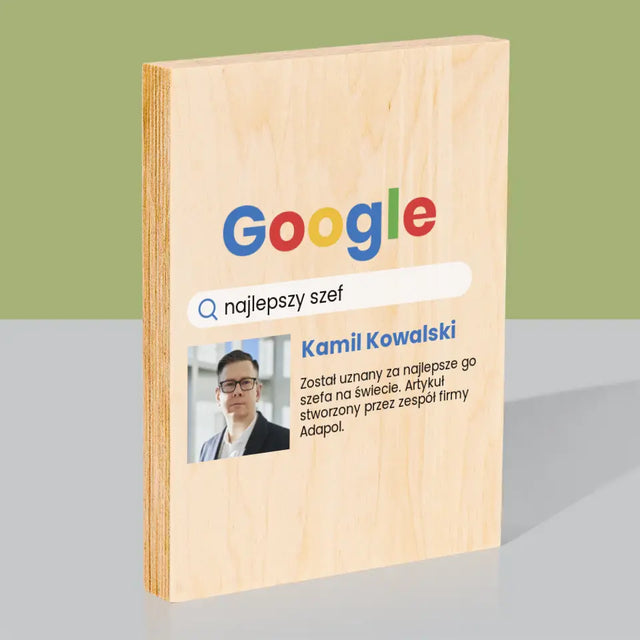 Zdjęcie i Podpis: Najlepszy Szef Wynik Google - Wydruk Na Drewnie