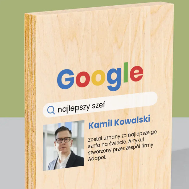 Zdjęcie i Podpis: Najlepszy Szef Wynik Google - Wydruk Na Drewnie