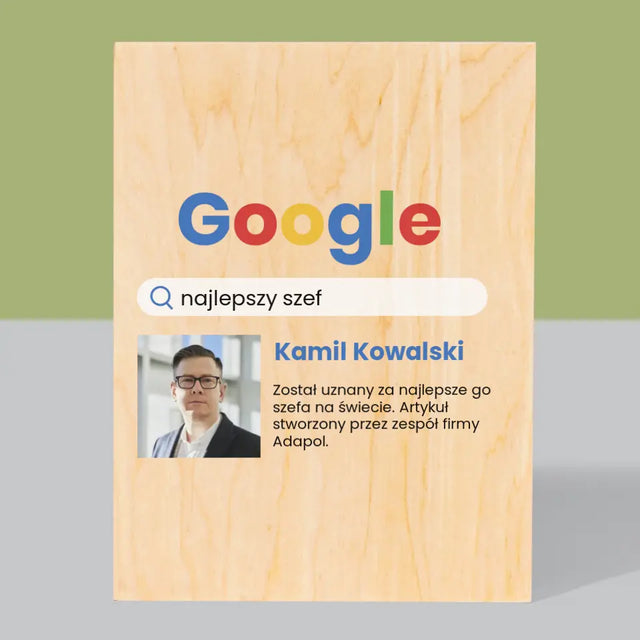 Zdjęcie i Podpis: Najlepszy Szef Wynik Google - Wydruk Na Drewnie