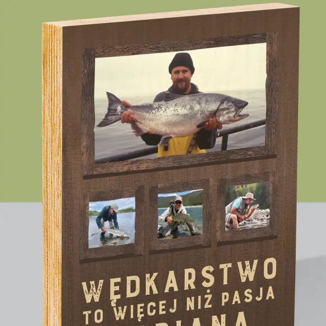 Fotokolaż: Wędkarstwo - Wydruk Na Drewnie