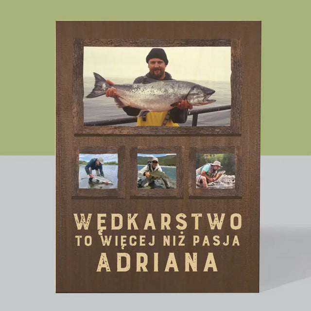 Fotokolaż: Wędkarstwo - Wydruk Na Drewnie