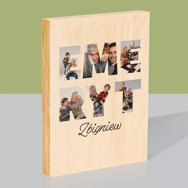 Słowo Ze Zdjęć: Emeryt - Wydruk Na Drewnie