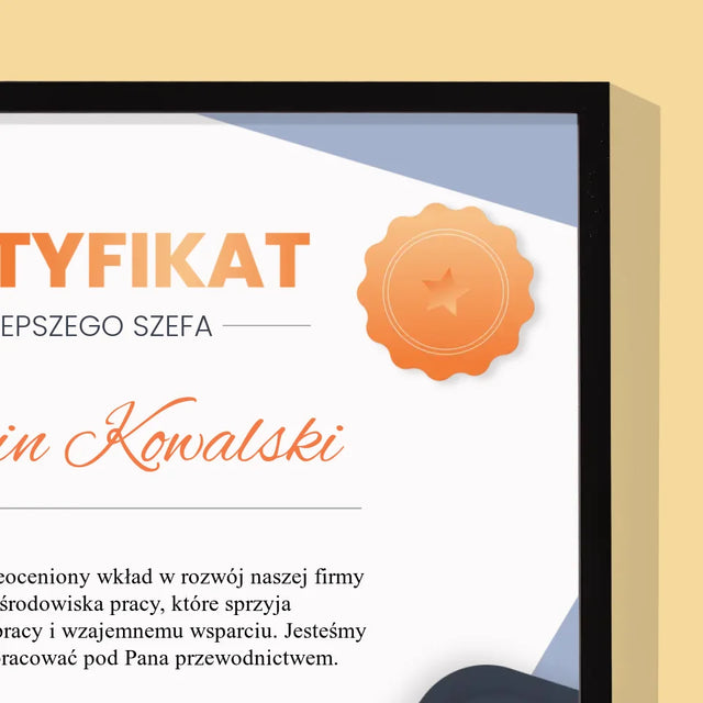 Imię i Podpis: Certyfikat Najlepszego Szefa - Wydruk Obramowany 30X40