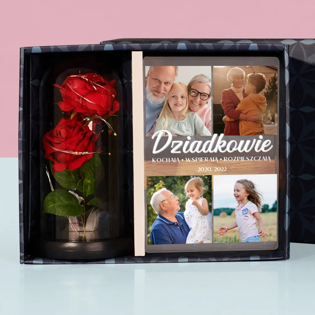 Fotokolaż: Kochani Dziadkowie - Zestaw Prezentowy z Wydrukiem Na Szkle i Wieczną Różą