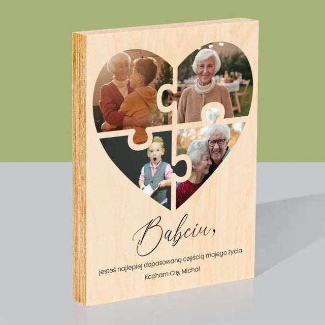 Fotokolaż: Puzzle Serce Dla Babci - Wydruk Na Drewnie