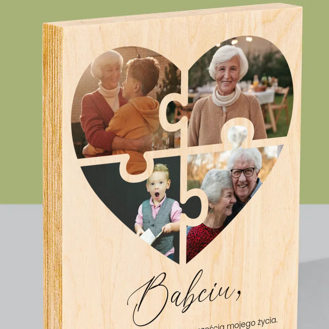 Fotokolaż: Puzzle Serce Dla Babci - Wydruk Na Drewnie