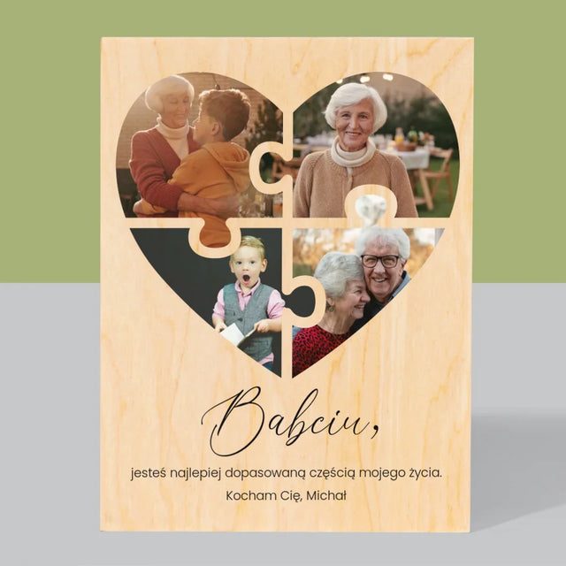 Fotokolaż: Puzzle Serce Dla Babci - Wydruk Na Drewnie