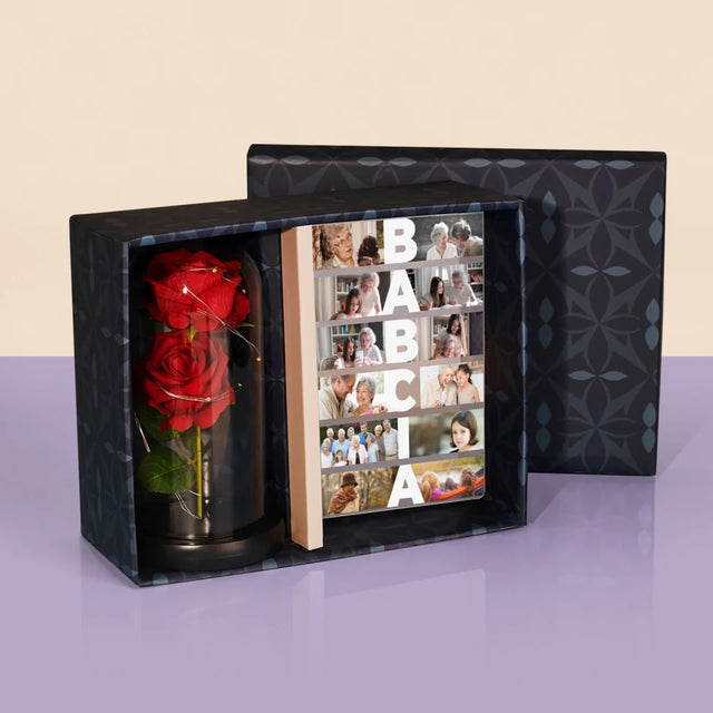 Fotokolaż: Babcia - Zestaw Prezentowy z Wydrukiem Na Szkle i Wieczną Różą