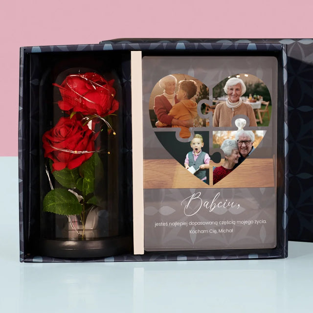 Fotokolaż: Puzzle Serce Dla Babci - Zestaw Prezentowy z Wydrukiem Na Szkle i Wieczną Różą