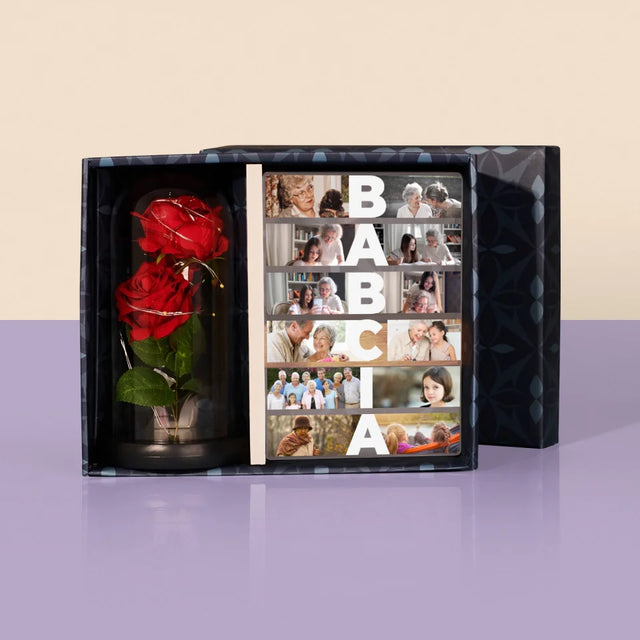 Fotokolaż: Babcia - Zestaw Prezentowy z Wydrukiem Na Szkle i Wieczną Różą