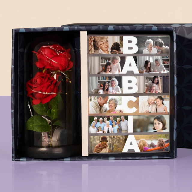 Fotokolaż: Babcia - Zestaw Prezentowy z Wydrukiem Na Szkle i Wieczną Różą