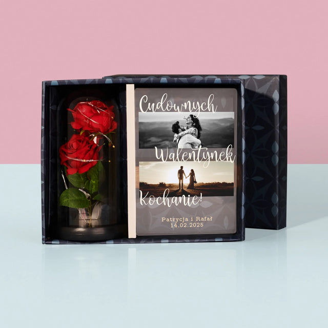 Fotokolaż: Cudownych Walentynek - Zestaw Prezentowy z Wydrukiem Na Szkle i Wieczną Różą
