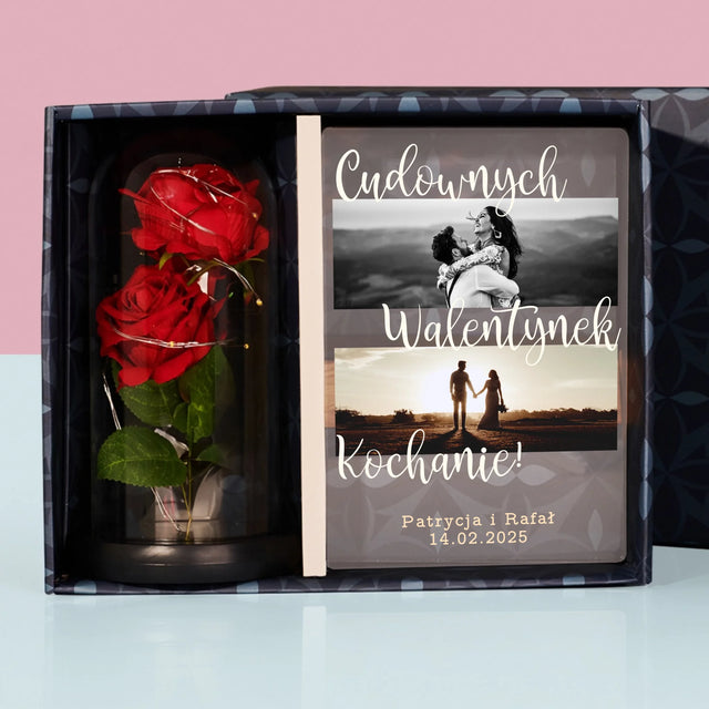 Fotokolaż: Cudownych Walentynek - Zestaw Prezentowy z Wydrukiem Na Szkle i Wieczną Różą