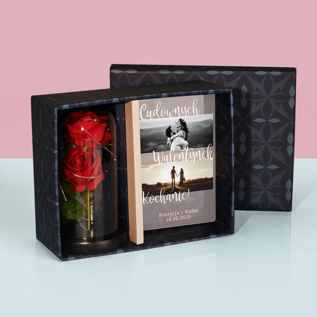 Fotokolaż: Cudownych Walentynek - Zestaw Prezentowy z Wydrukiem Na Szkle i Wieczną Różą