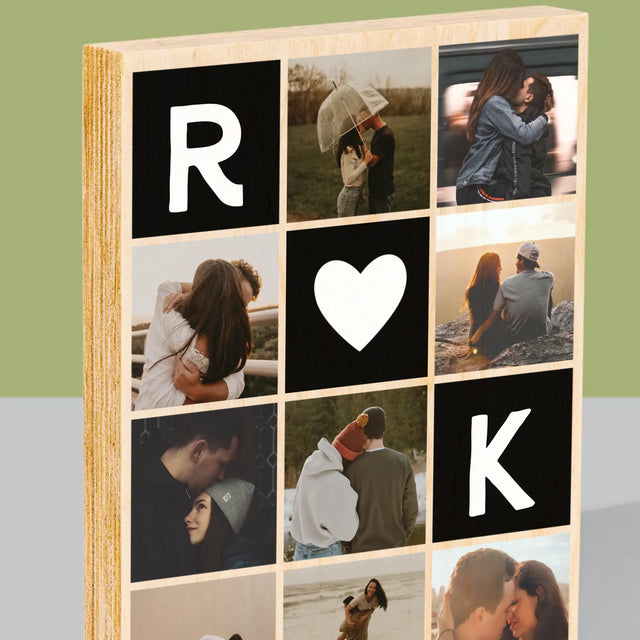 Fotokolaż: Miłosne Monogramy Ze Zdjęciami - Wydruk Na Drewnie