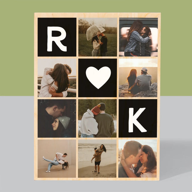 Fotokolaż: Miłosne Monogramy Ze Zdjęciami - Wydruk Na Drewnie