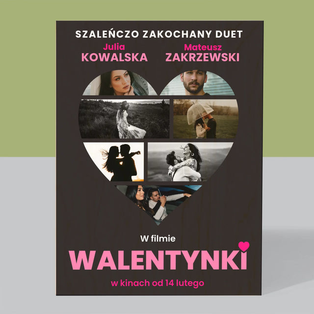 Fotokolaż: Walentynki Plakat Filmowy - Wydruk Na Drewnie