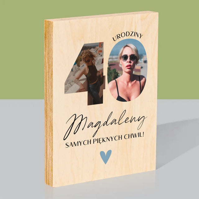 Słowo Ze Zdjęć: 40 Urodziny Piękne Chwile - Wydruk Na Drewnie