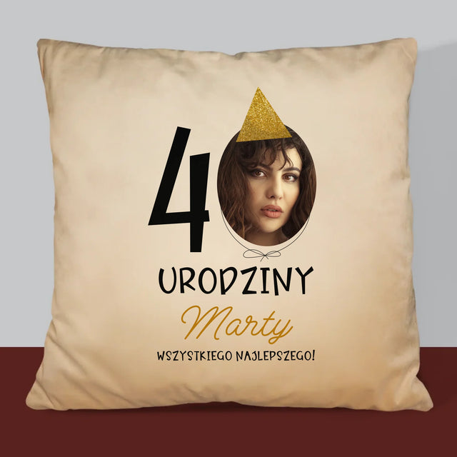 Zdjęcie I Podpis: 40 Urodziny Czapeczka - Poduszka z Nadrukiem
