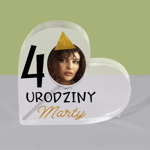 Zdjęcie I Podpis: 40 Urodziny Czapeczka - Blok Akrylowy Serce