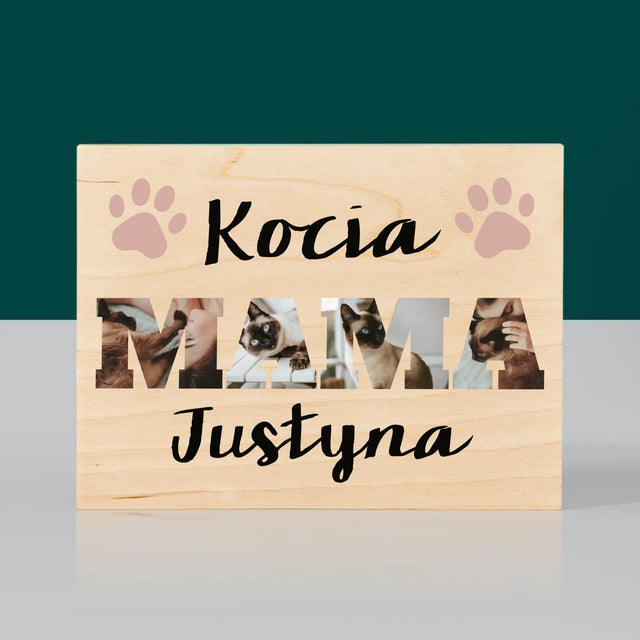 Słowo Ze Zdjęć: Kocia Mama - Wydruk Na Drewnie