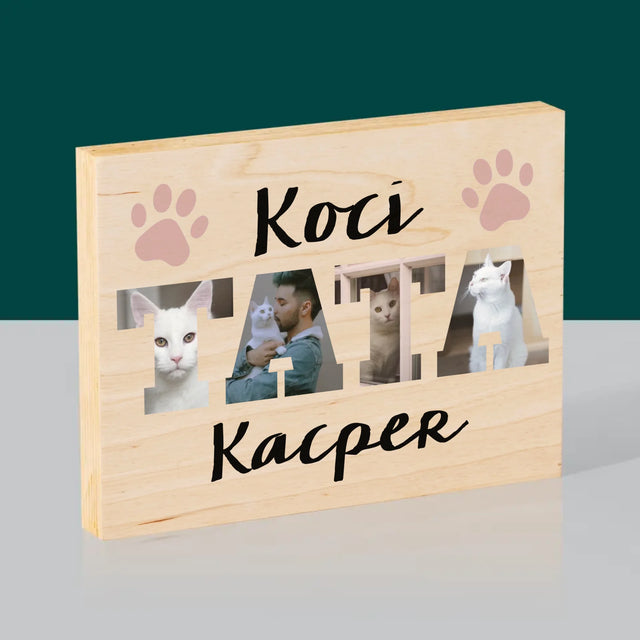 Słowo Ze Zdjęć: Koci Tata - Wydruk Na Drewnie