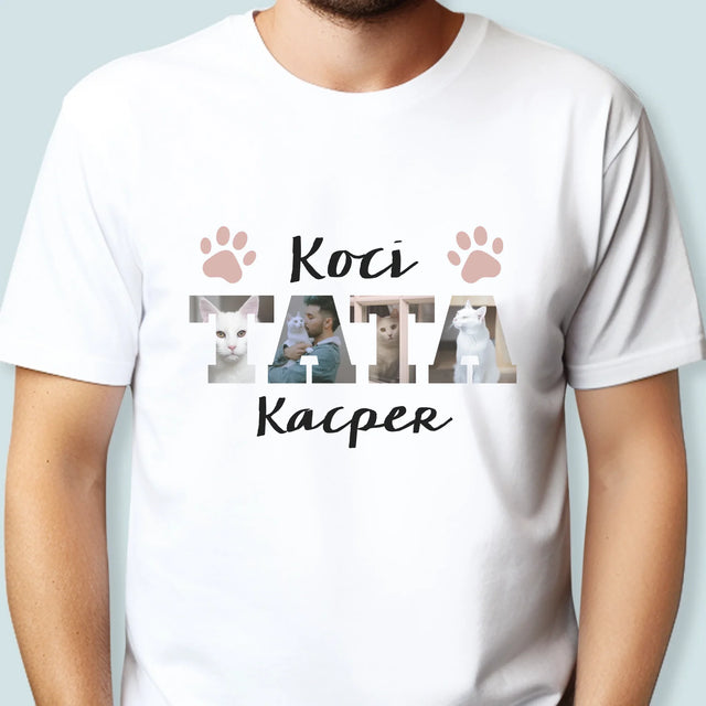Słowo Ze Zdjęć: Koci Tata - Koszulka Męska z Nadrukiem