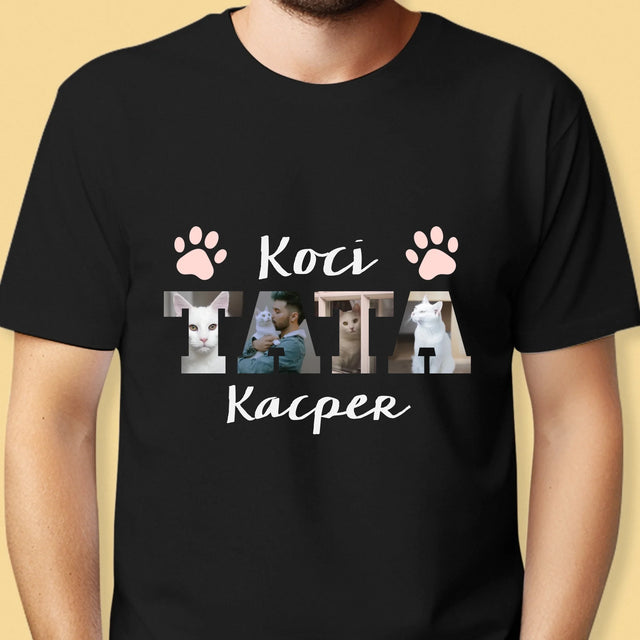 Słowo Ze Zdjęć: Koci Tata - Koszulka Męska z Nadrukiem