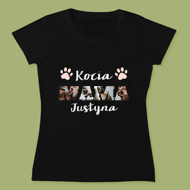 Słowo Ze Zdjęć: Kocia Mama - Koszulka Damska z Nadrukiem