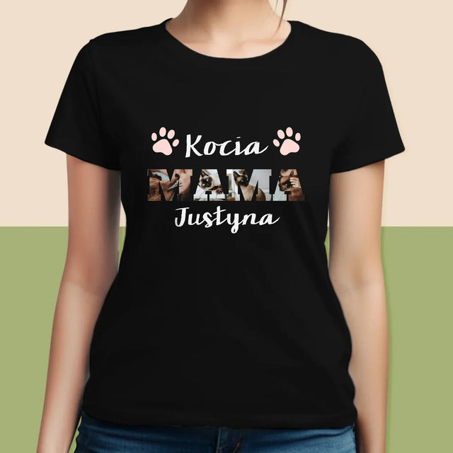 Słowo Ze Zdjęć: Kocia Mama - Koszulka Damska z Nadrukiem